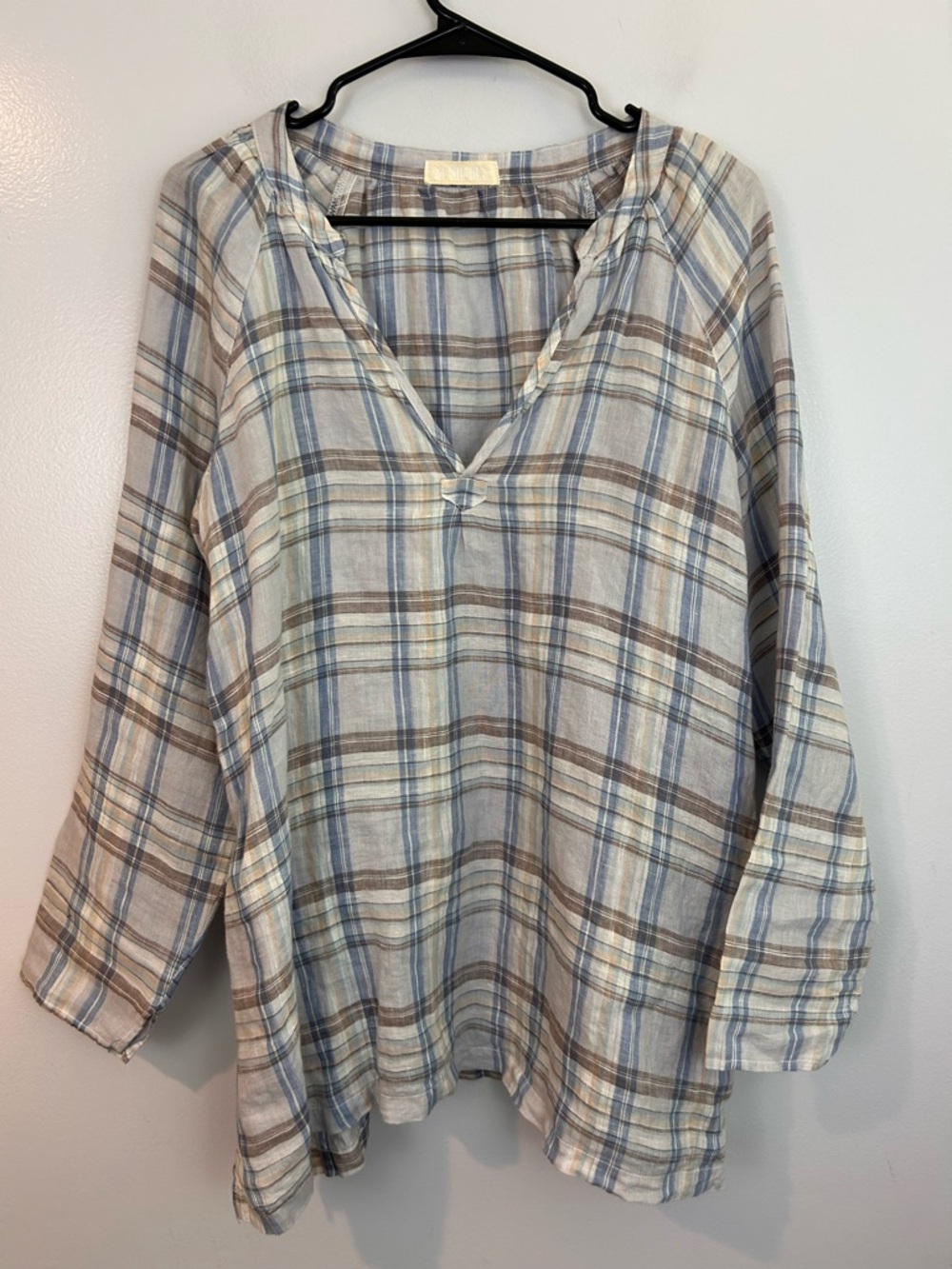 CP Shades 100% Linen Pale Blue/Tan Plaid V-neck Pullover Tunic Blouse Sz Small
